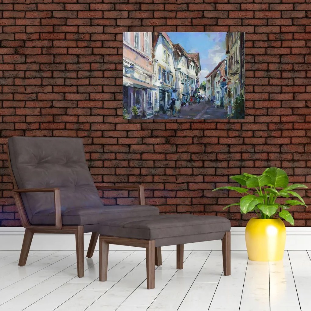 Tablou pe sticlă - Strada orașului vechi, pictură acrilică (70x50 cm)