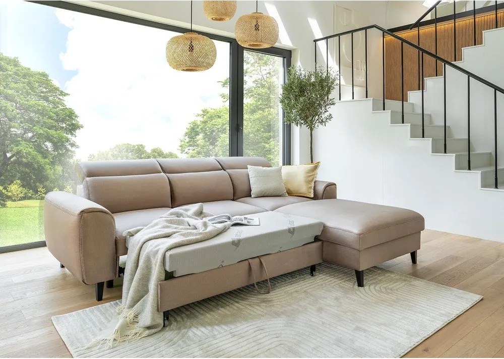 Colțar maro deschis extensibil/cu spațiu de depozitare cu tapițerie din catifea (cu colț pe partea dreaptă/cu șezlong) Foble – ELTAP