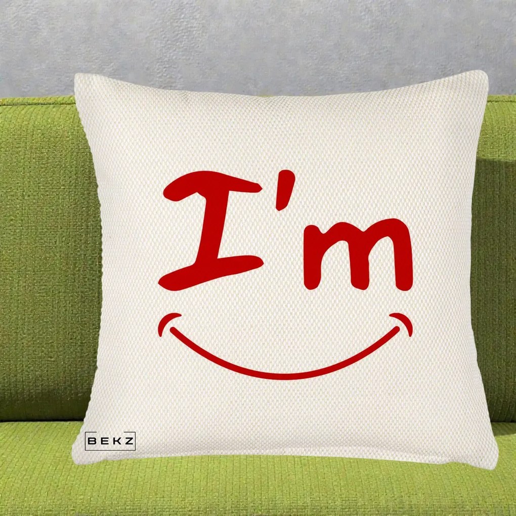 Perna Decorativa I'm Happy Smile, 40x40 cm, Crem Reliefat, Husa Detasabila, Perna Inclusa, BEKZ®