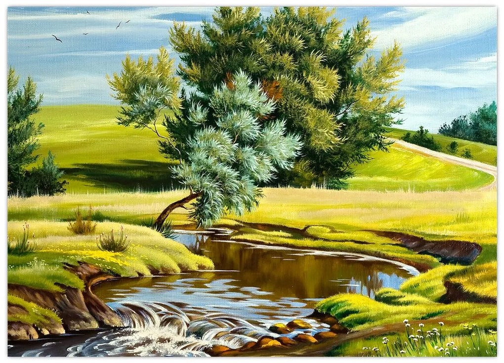 Tablou pe sticlă - Râu între câmpii, pictură în ulei (70x50 cm)