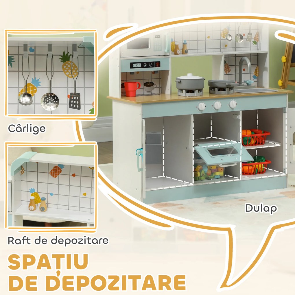 AIYAPLAY Bucătărie de Jucărie pentru Copii de 3+ Ani din Lemn, Aragaz Interactiv, Cuptor și Mașină de Cafea, Albă | Aosom Romania