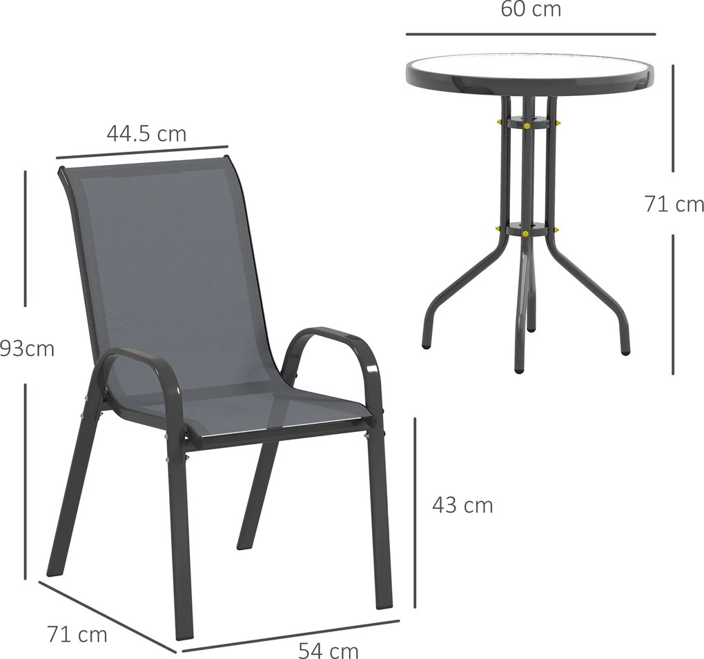 Outsunny Set Mobilier de Grădină din 3 Piese cu Scaune Suprapozabile și Masă din Sticlă, 54x71x93 cm, Gri Închis | Aosom Romania