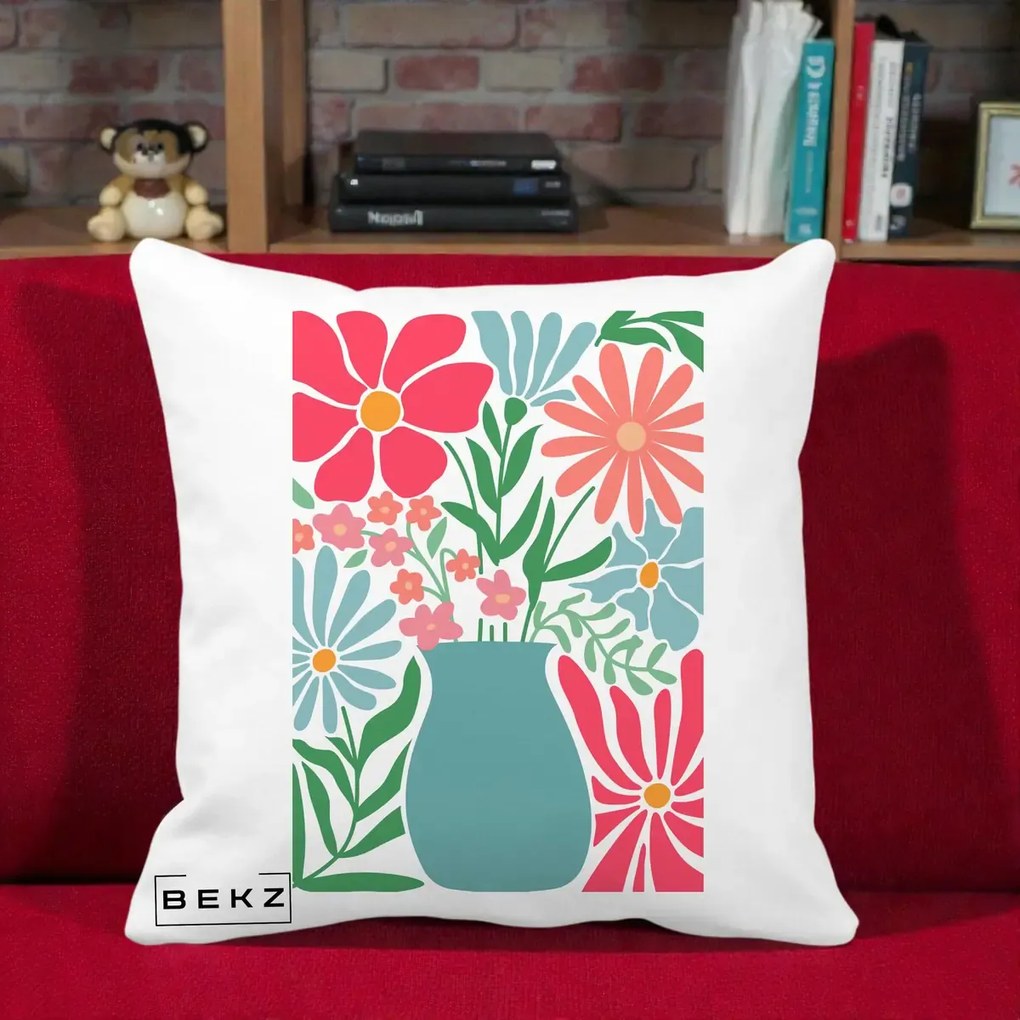 Perna Decorativa Flori in Vaza Turcoaz, 40x40 cm, Alba Mata, Husa Detasabila, Perna Inclusa, BEKZ®