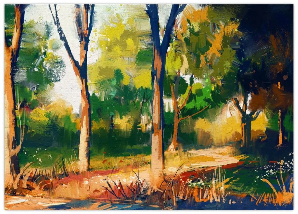 Tablou pe sticlă - Pădure de vară însorită, pictură (70x50 cm)