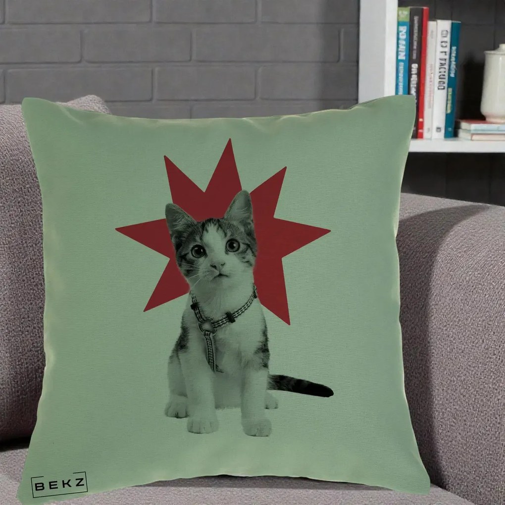 Perna Decorativa Pisica Star Pop Art, 40x40 cm, Verde, Husa Detasabila, Perna Inclusa, BEKZ®