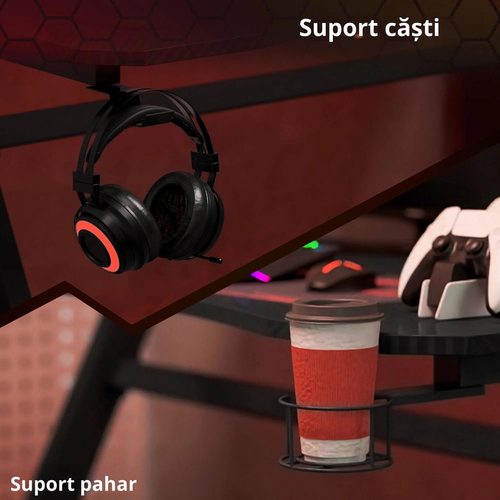 HOMCOM Masă Gaming Avansată cu Management al Cablurilor, Suport pentru Pahare și Cârlig pentru Căști, Design Ergonomic, Negru | Aosom Romania