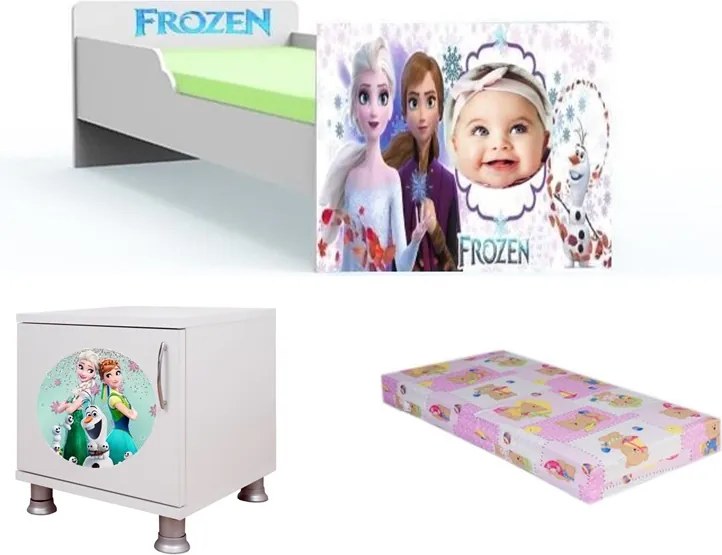 Pat tineret Frozen personalizat cu saltea si noptiera Cadou