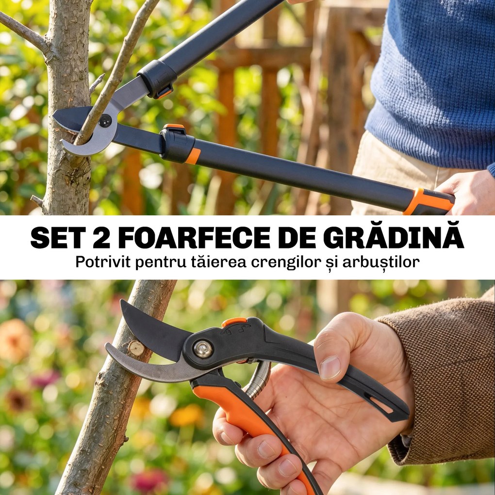 Outsunny Set de Grădinărit 2 Piese cu Foarfece de Tăiat Crengi și Foarfece de Grădinărit, cu Mâner Moale și Sistem de Blocare | Aosom Romania