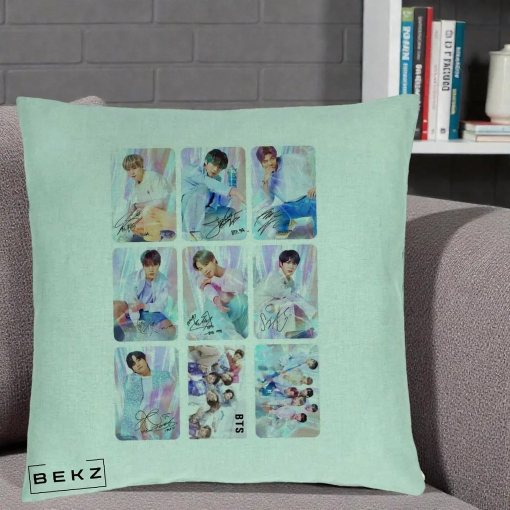 Perna Personalizata K-pop BTS Colaj 9 Fotografii Autografe Individual, 40x40 cm, Verde Menta, Husa Detasabila, Perna Inclusa, BEKZ®