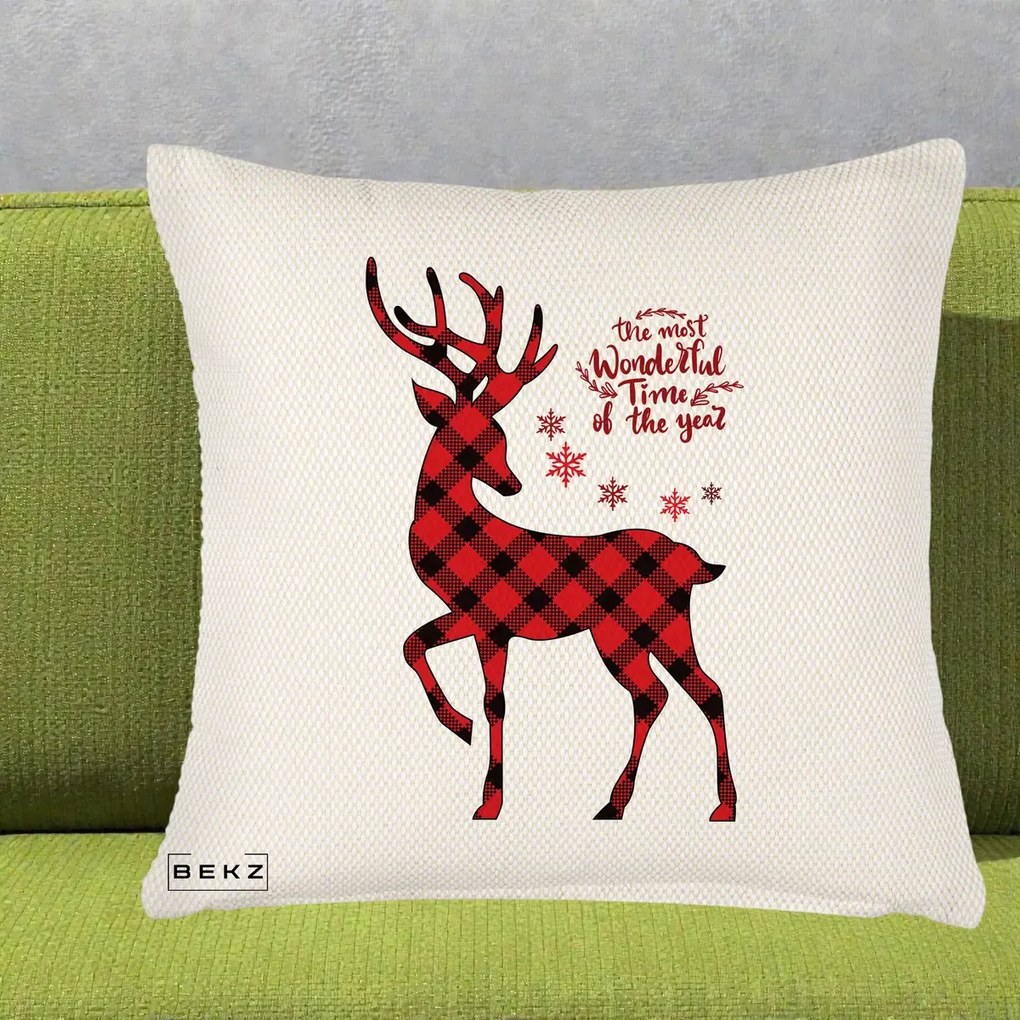 Perna Decorativa Ren Buffalo Plaid Craciun, 40x40 cm, Crem Reliefat, Husa Detasabila, Perna Inclusa, BEKZ®