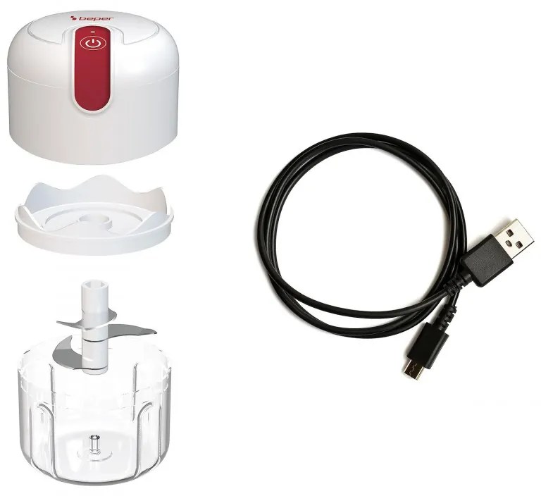 Blender portabil USB Beper P102ROB050, baterie Li-Ion de 1500 mAh, 30 W, 250 ml, 3 lame, funcție Pulse, transparent/alb