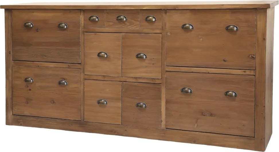 Pantofar hol din lemn masiv de pin, natur, vintage, cu 11 sertare, dintre care 4 rabatabile pentru pantofi, 90 x 190 x 40 cm, „Honfleur”