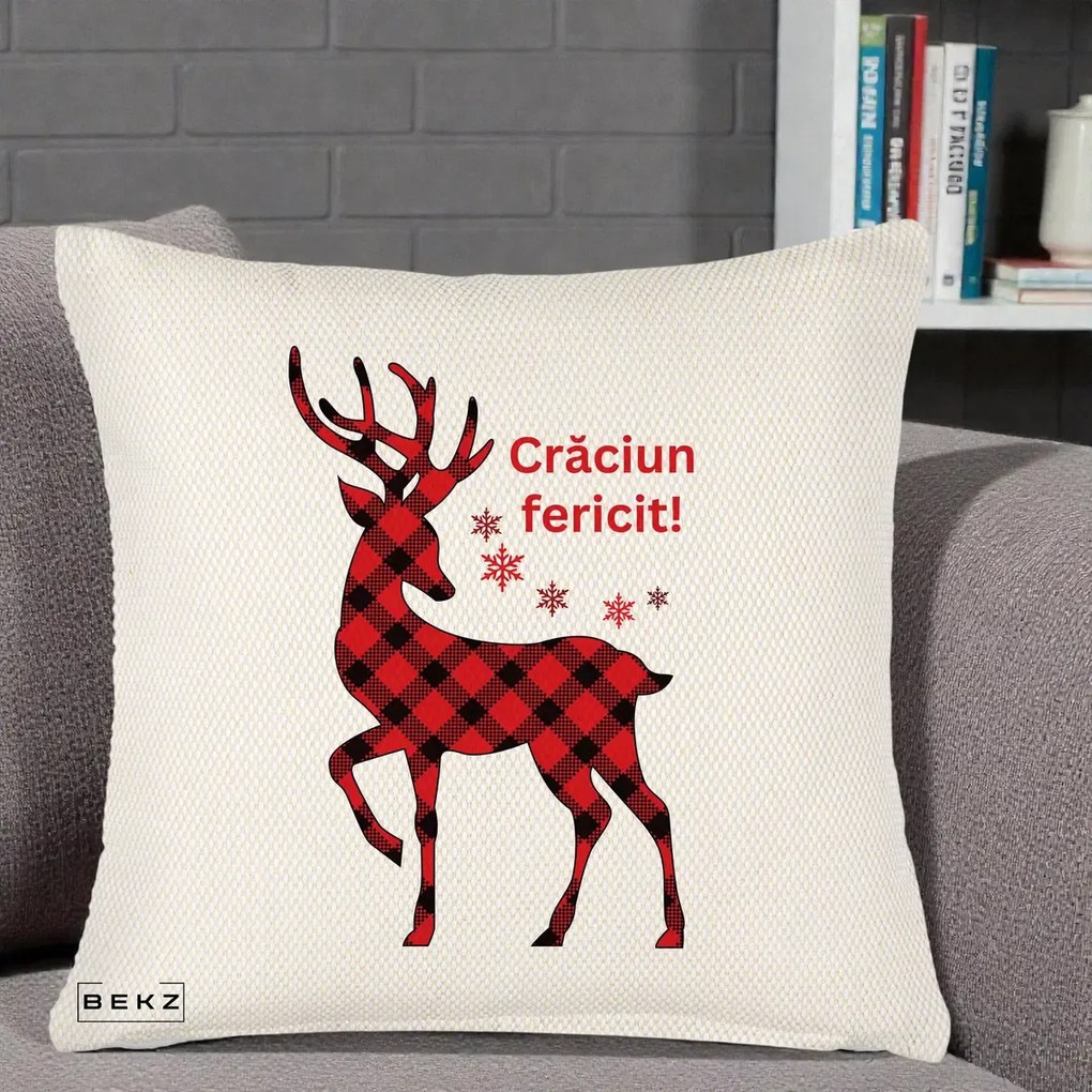 Perna Decorativa Ren Tartan Craciun Fericit, 40x40 cm, Crem Reliefat, Husa Detasabila, Perna Inclusa, BEKZ®
