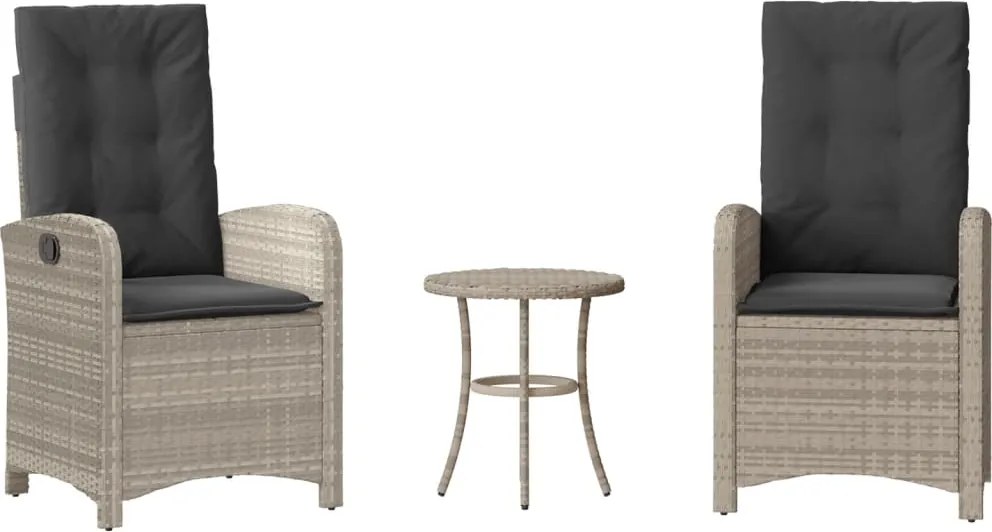 vidaXL Set bistro cu perne, 3 piese, gri deschis, poliratan