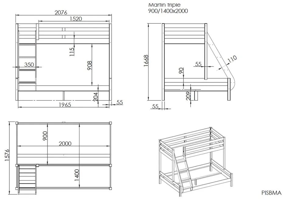 Pat supraetajat alb din lemn de pin 140x200/90x200 cm Pino Martin - Vipack