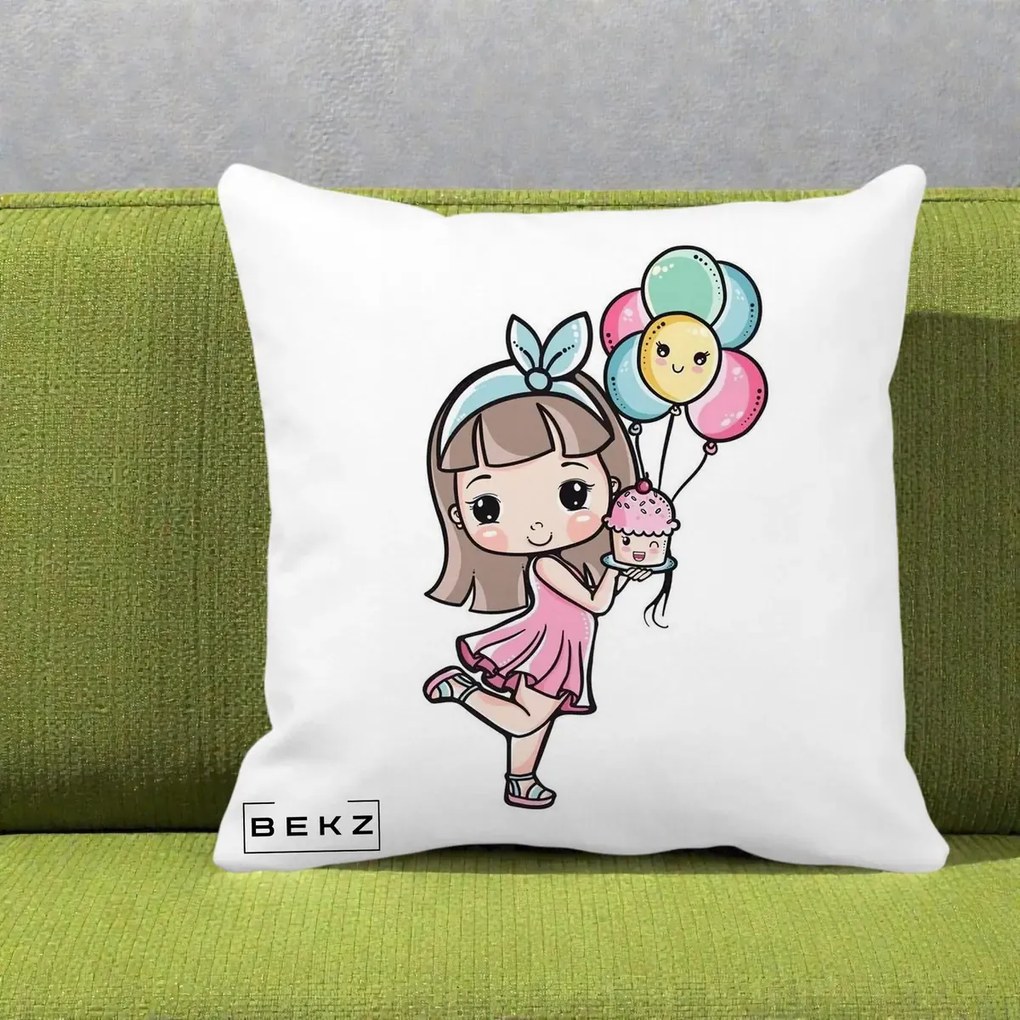 Perna Decorativa Fetita Kawaii cu Baloane si Cupcake, 40x40 cm, Alba Mata, Husa Detasabila, Perna Inclusa, BEKZ®