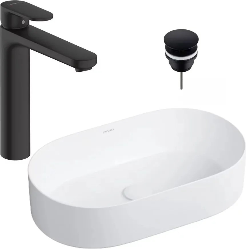 Pachet lavoar pe blat Omnires Mesa alb 53.5 cm, baterie lavoar Hansgrohe Vernis Blend 190 negru si ventil lavoar Click-Clack negru