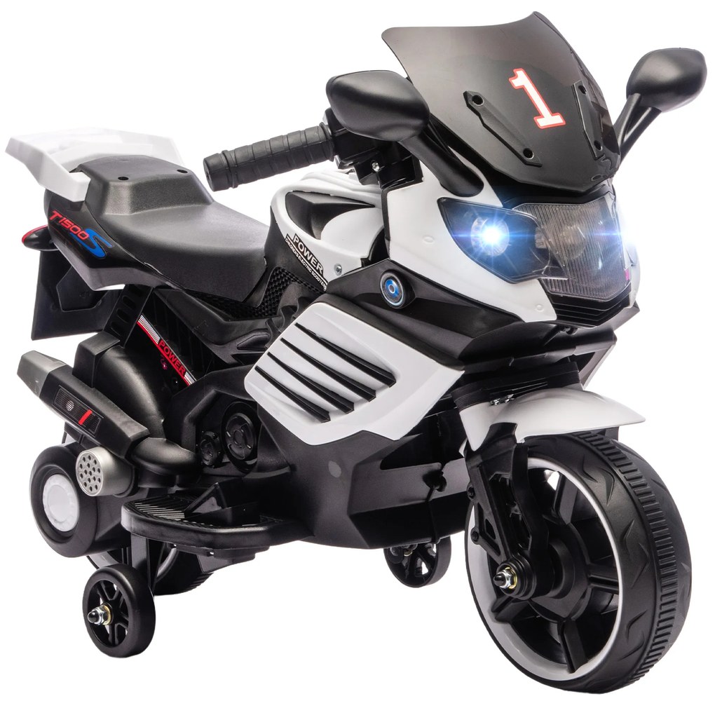 AIYAPLAY Motocicletă electrică pentru copii 18-36 luni, 6V, cu roți detașabile, faruri și muzică, albă | Aosom Romania