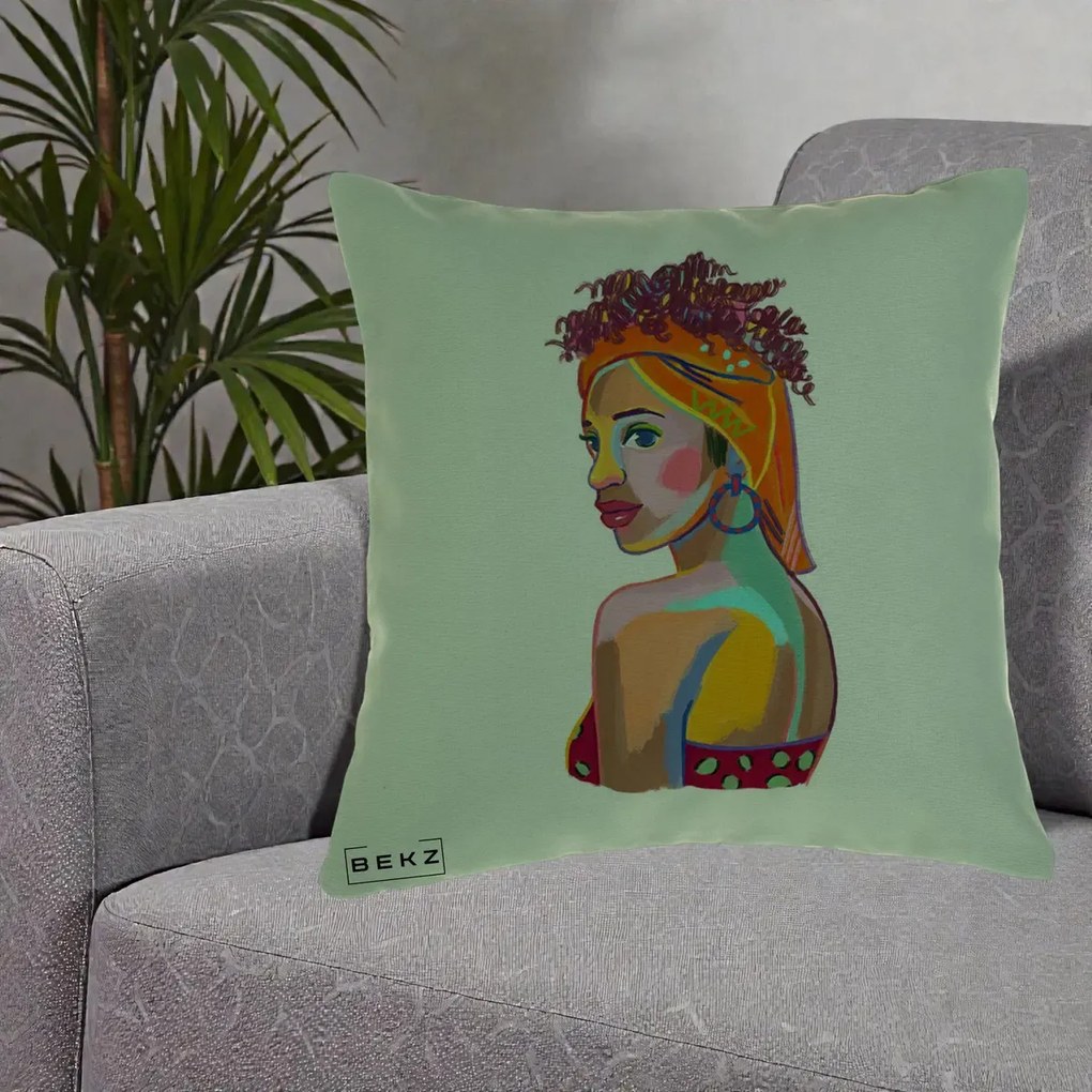Perna decorativa Portret Femeie Colorat Pop Art, 40x40 cm cu Umplutura, Verde, BEKZ