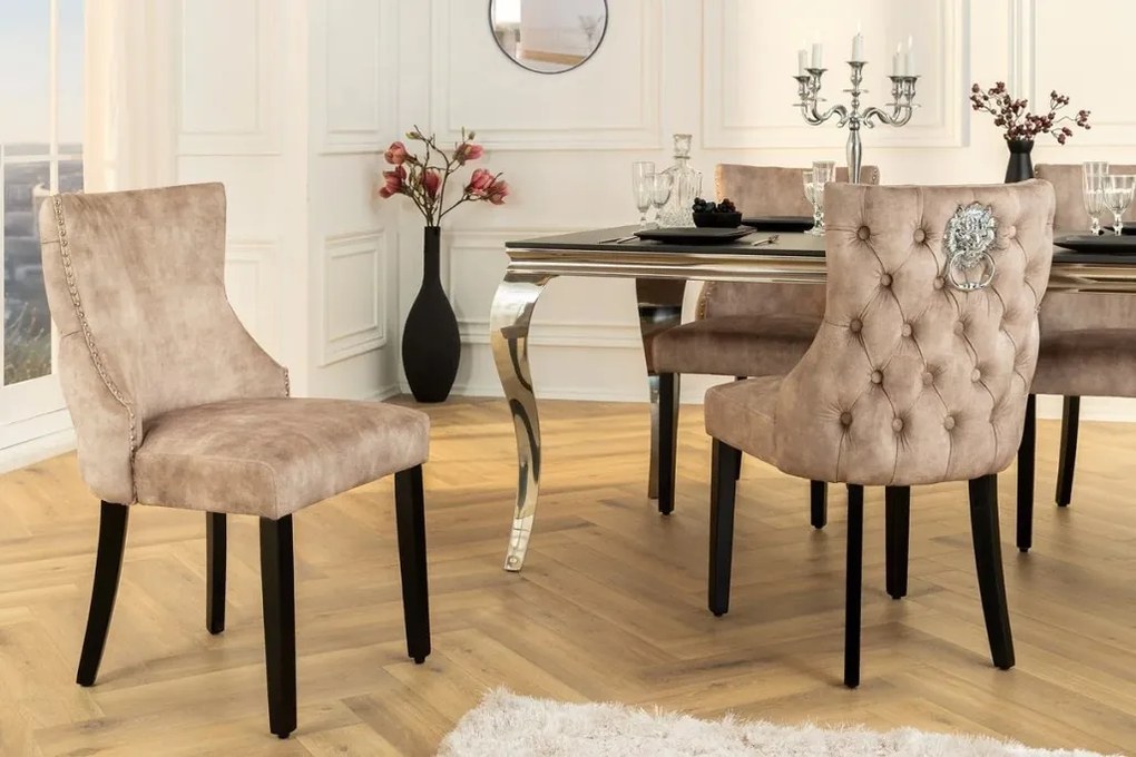 Set 2 scaune Stil Baroc, Catifea, Bej, Lemn, Negru, CASTLE DELUXE