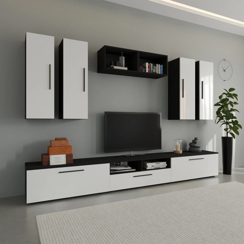 Living haaus V4, Negru/Alb Lucios, MDF, L 285 cm