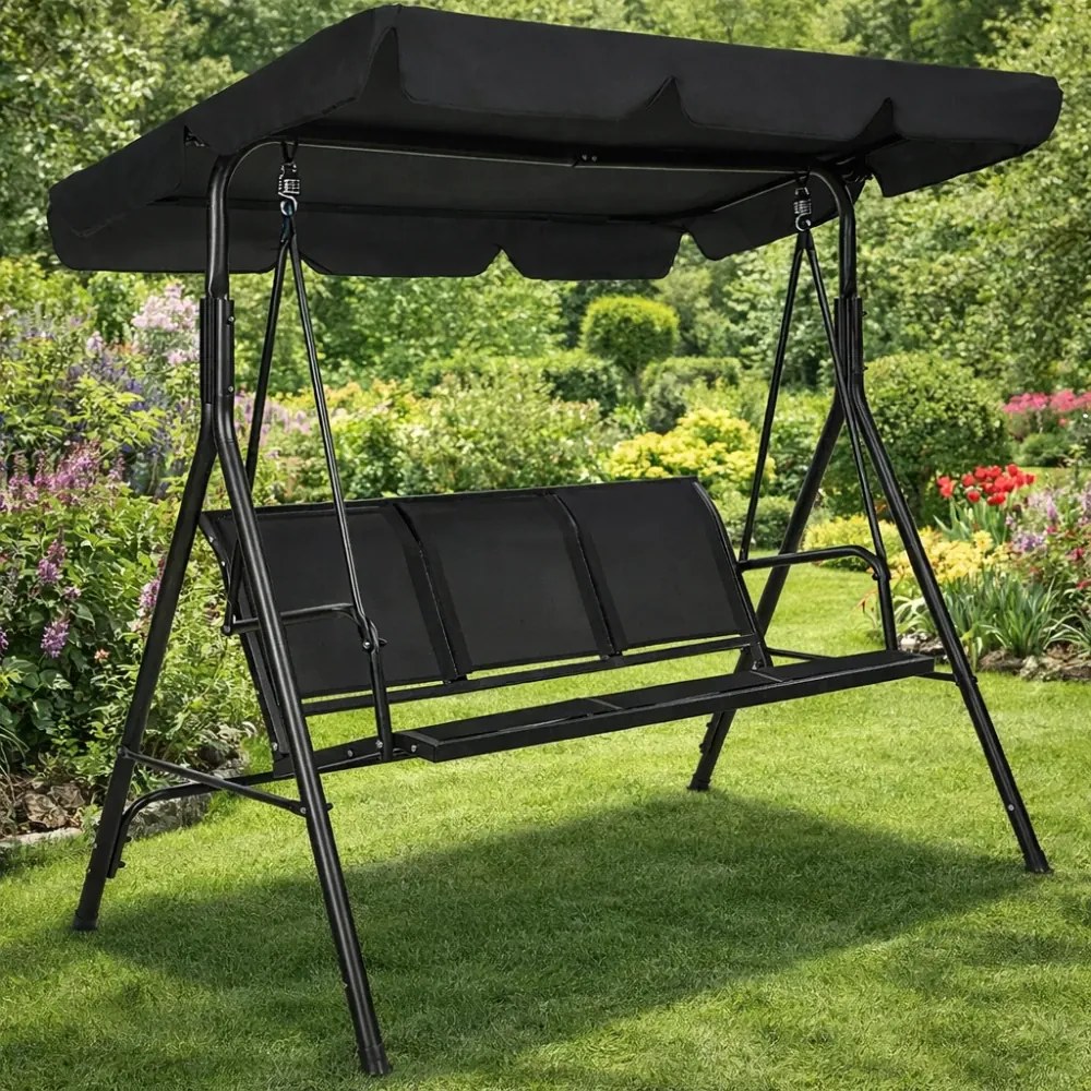 Balansoar de grădină, 3 locuri, cu baldachin și cadru din oțel, Negru