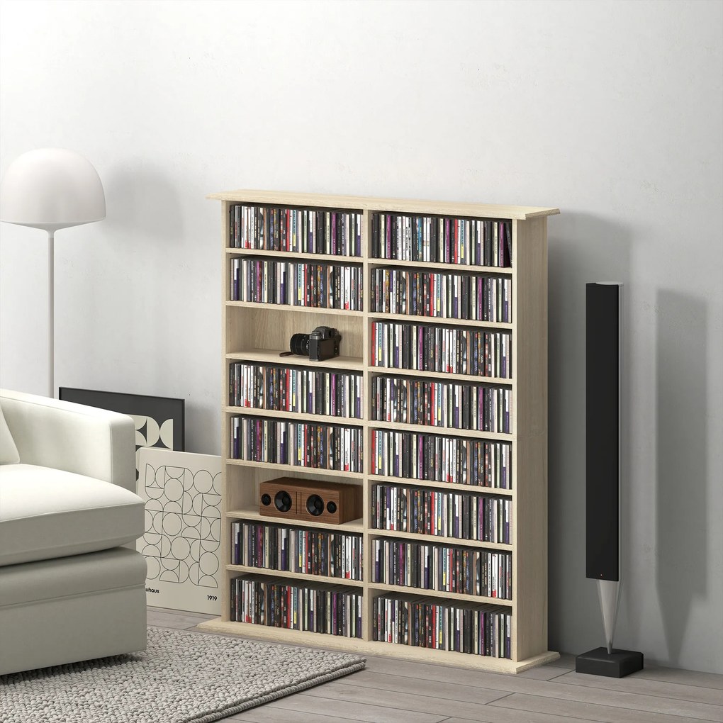 HOMCOM Dulap Bibliotecă pentru CD-uri cu 16 Rafturi, Design Modern, din Lemn, 106,5x24x126,3 cm, Natur | Aosom Romania