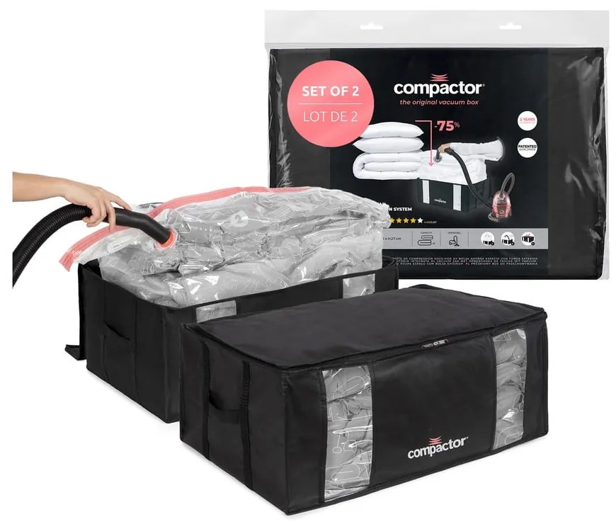Cutii de depozitare pentru haine 2 buc. din material textil cu vacuum/cu pereți întăriți 65x45x27 cm Black Edition – Compactor