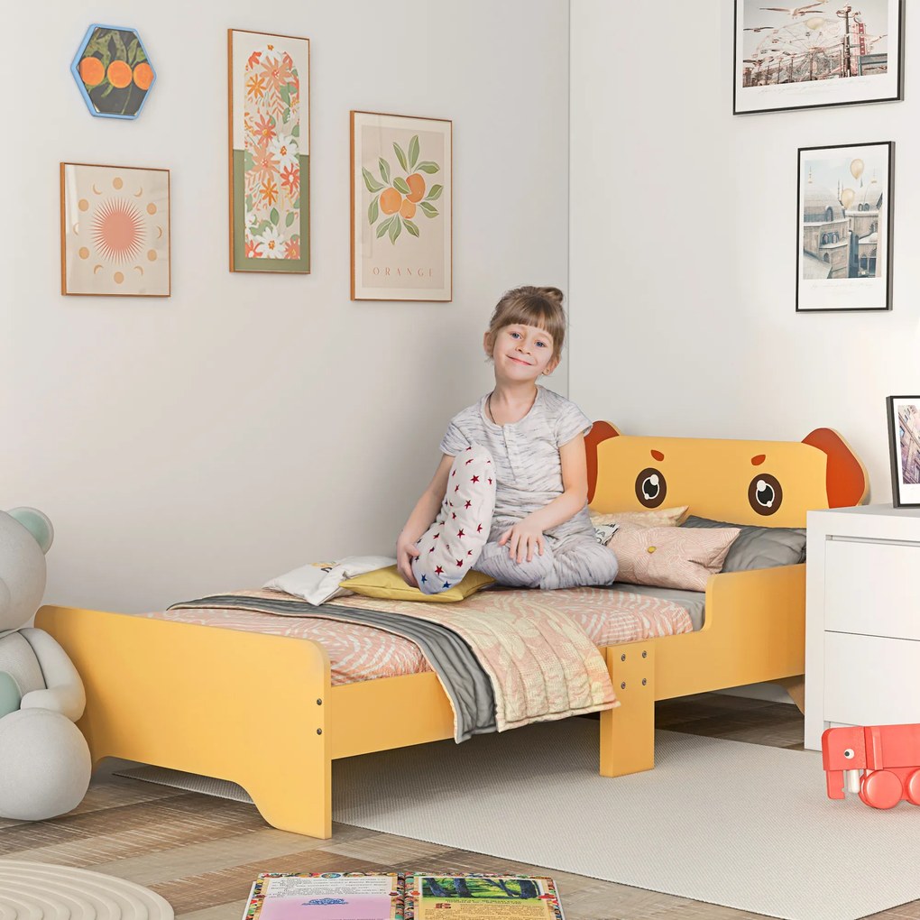 ZONEKIZ Cadru Pat Pentru Copii Mici, Mobilier Dormitor Pentru Copii Cu Varsta De 3-6 Ani Design Cu Tematica Catelus, 143 x 74 x 58 cm, Galben