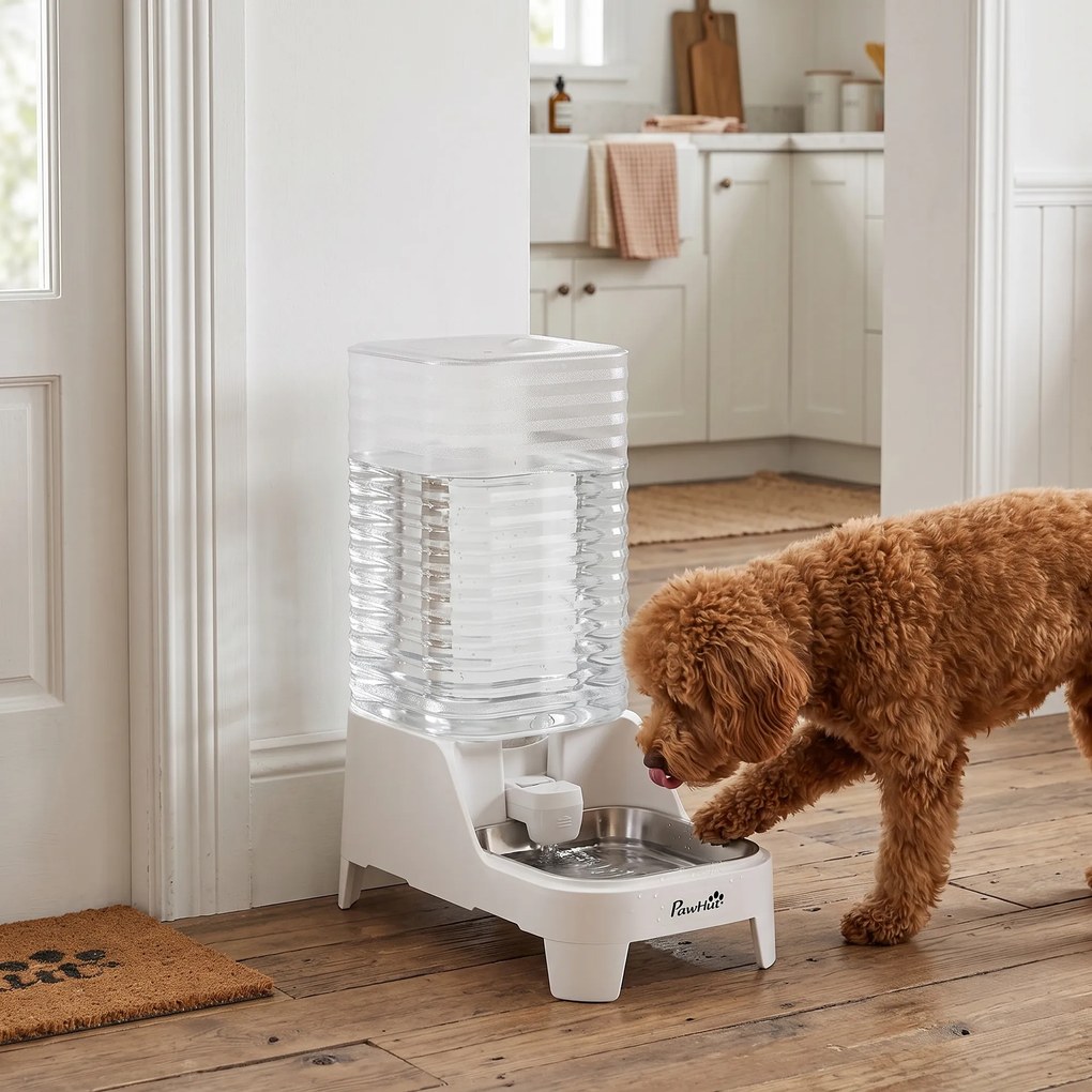 PawHut distribuitor automat de apă cu gravitație 8 L pentru pisici și câini, cu bol din inox, alb | Aosom Romania
