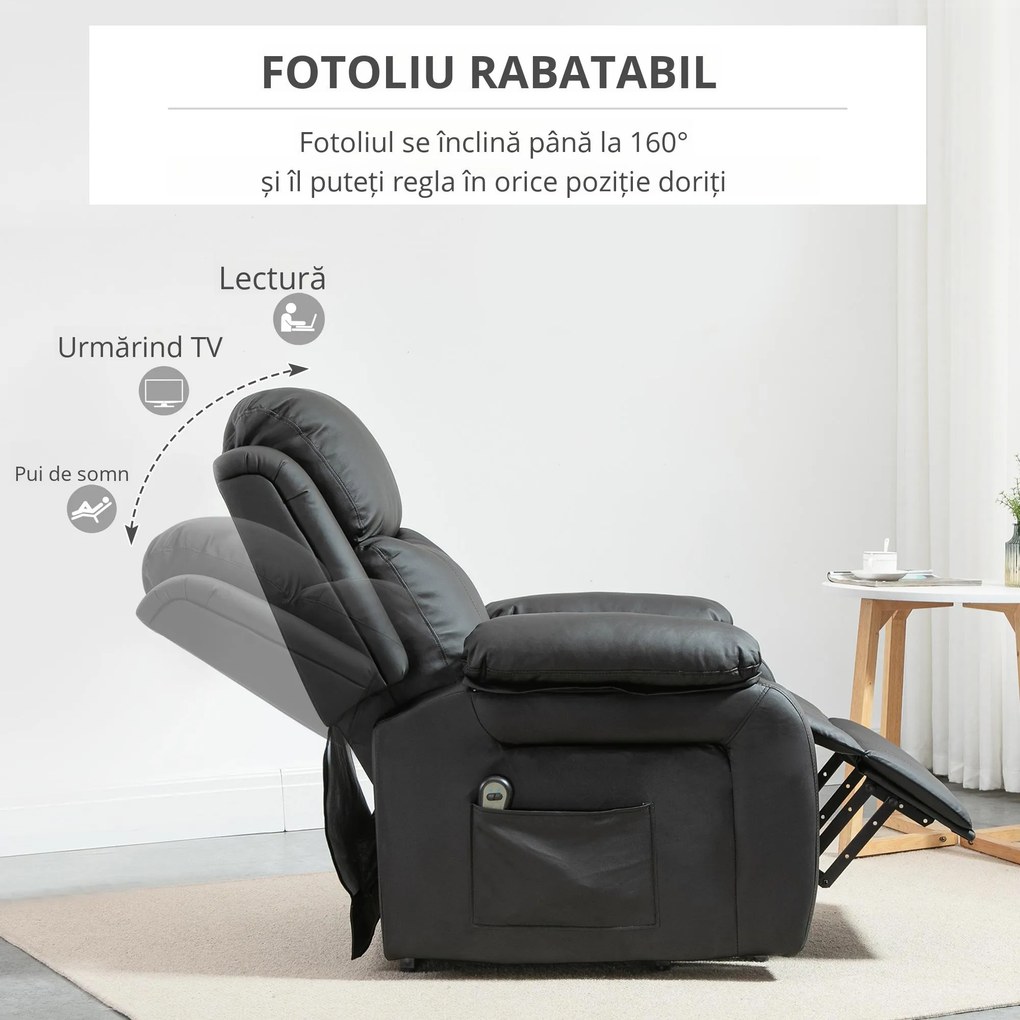 HOMCOM Fotoliu Relax Electric cu Ridicare și Reclinare 160°, Telecomandă, 76x90x105 cm, Negru | Aosom Romania