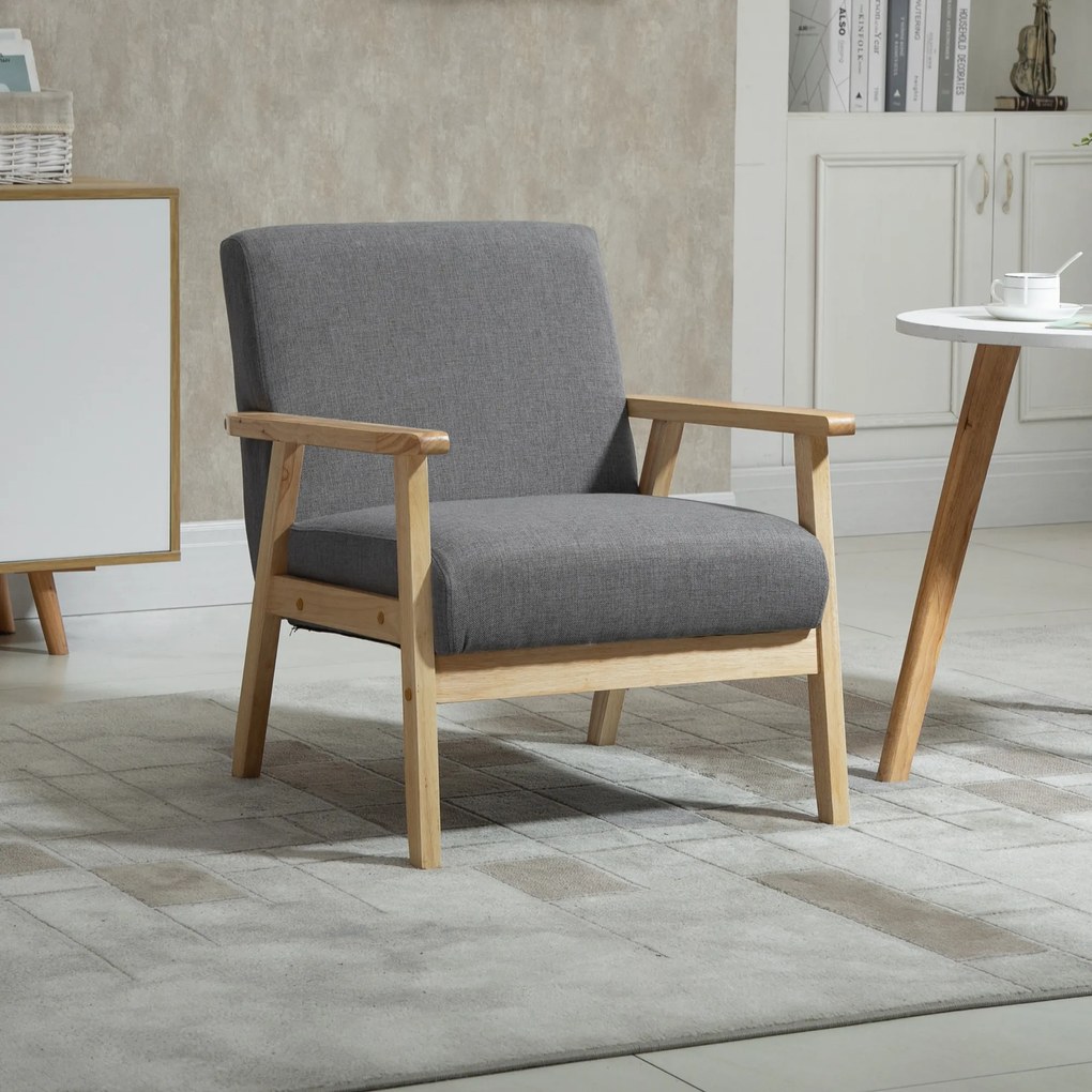 HOMCOM Fotoliu cu design scandinav, fotoliu de accent din lemn masiv cu aspect de in, 64 cm x 70 cm x 72 cm, gri | Aosom Romania