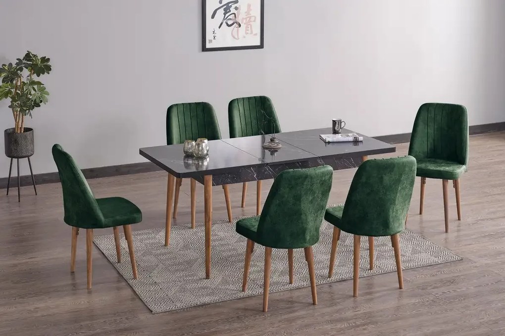 Set masa extensibila cu 6 scaune tapitate Homs cargold 250-30050 negru-VERDE,170 x 80 cm