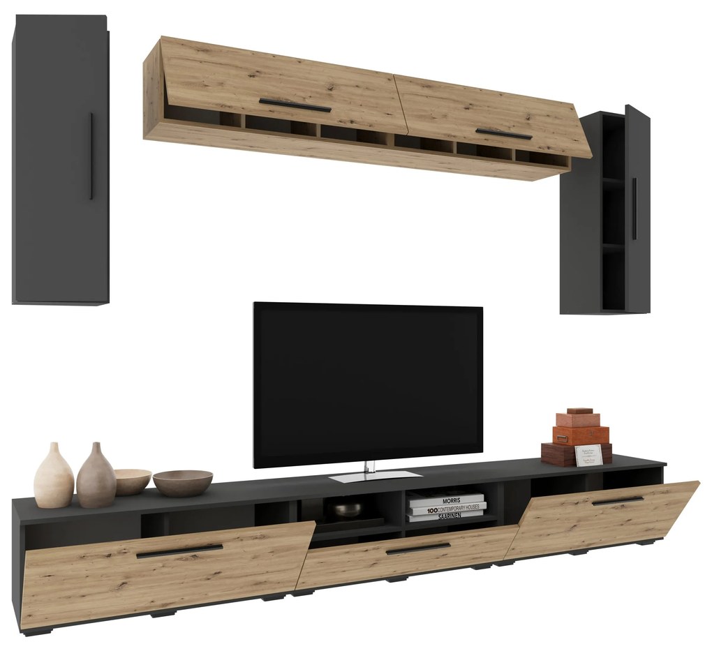 Living Kos V6, Antracit/Stejar Artisan, L 285 cm