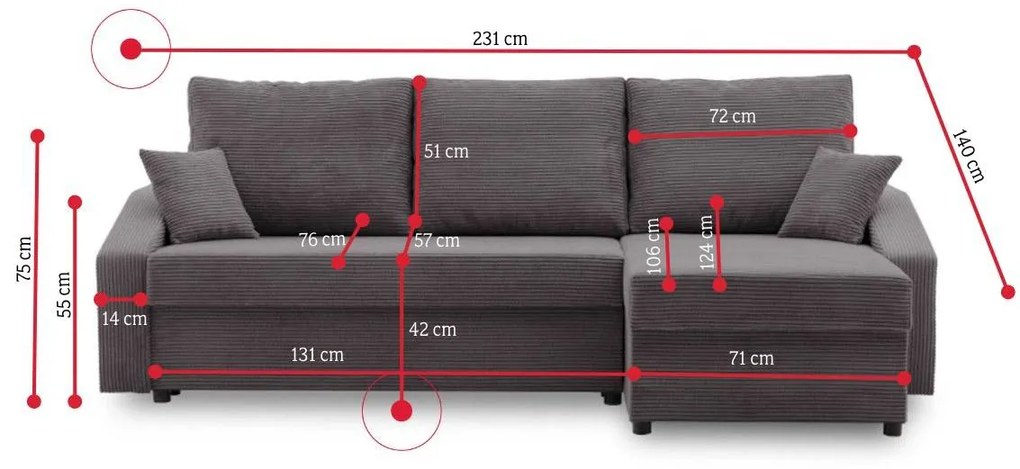 Supermobel Colțar extensibil TEON, 231x75x140, poso 026