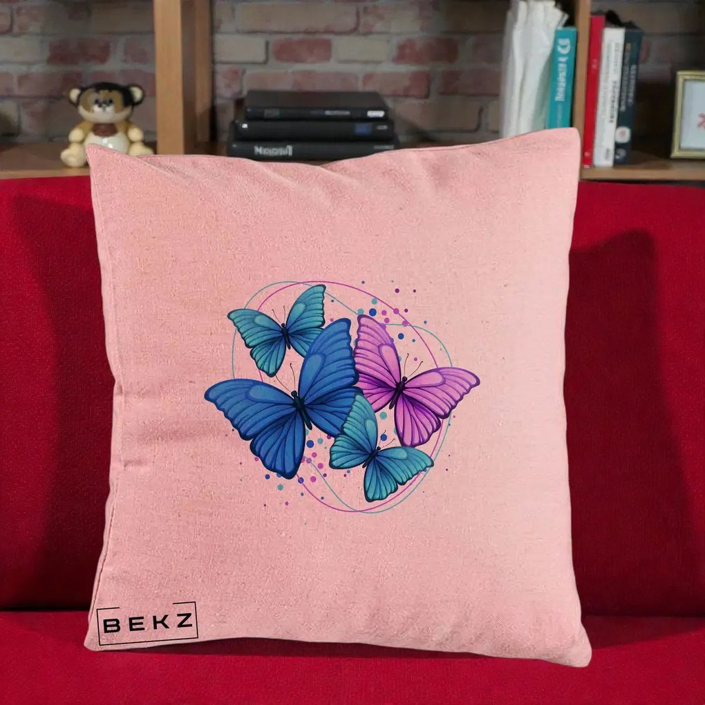 Perna Decorativa Patru Fluturi Turcoaz-Violet, 40x40 cm, Roz, Husa Detasabila, Perna Inclusa, BEKZ®