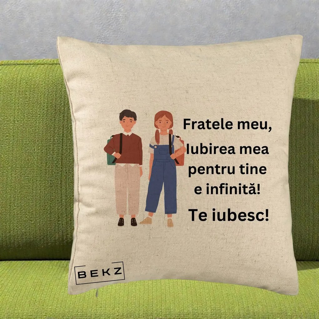 Cadou pentru Frate - Perna Personalizata Fratele Meu Te Iubesc Elevi Ilustratie Colorata, 40x40 cm, Bej, Husa Detasabila, Perna Inclusa, BEKZ®
