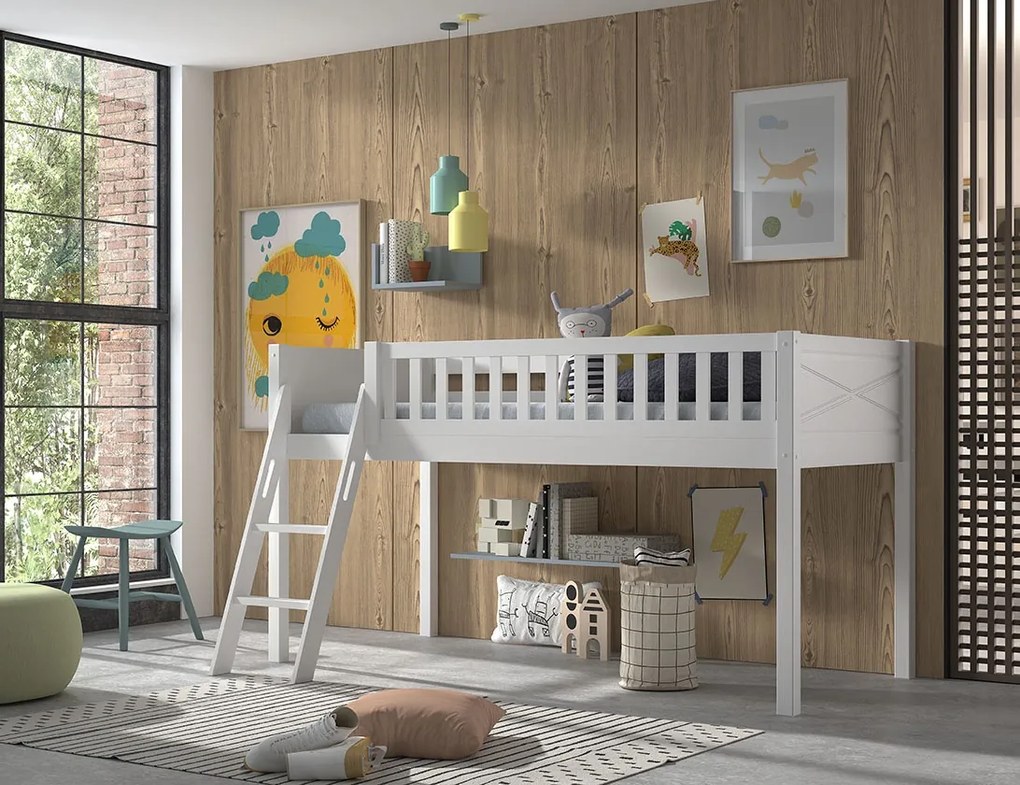 Pat ridicat pentru copii SCOTT, alb, 90 x 200 cm, din pin scandinav și MDF, cu scară frontală, perdea de joacă ASTRO și 3 saci de depozitare – Vipack