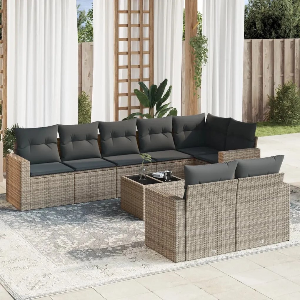 vidaXL Set canapele de grădină, 9 piese, cu perne, gri, poliratan