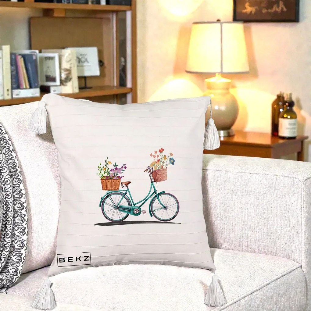 Perna Decorativa Bicicleta Florala Turcoaz Acuarela, 40x40 cm, Bej cu Franjuri, Husa Detasabila, Perna Inclusa, BEKZ®