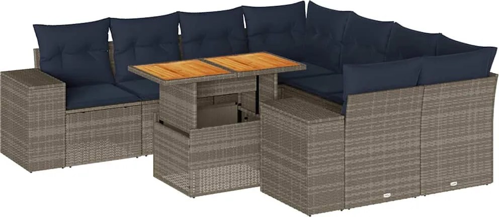 vidaXL Set canapele de grădină, 9 piese, cu perne, gri, poliratan