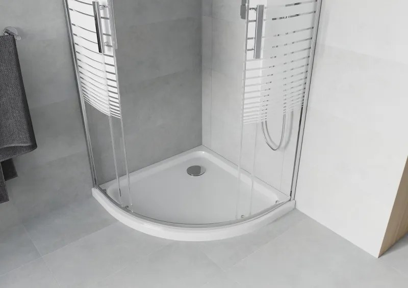 Mexen Rio cabina de duș semicirculară 80 x 80 cm, dungi albe, crom + cadă de duș Flat, albă - 863-080-080-01-20-4110