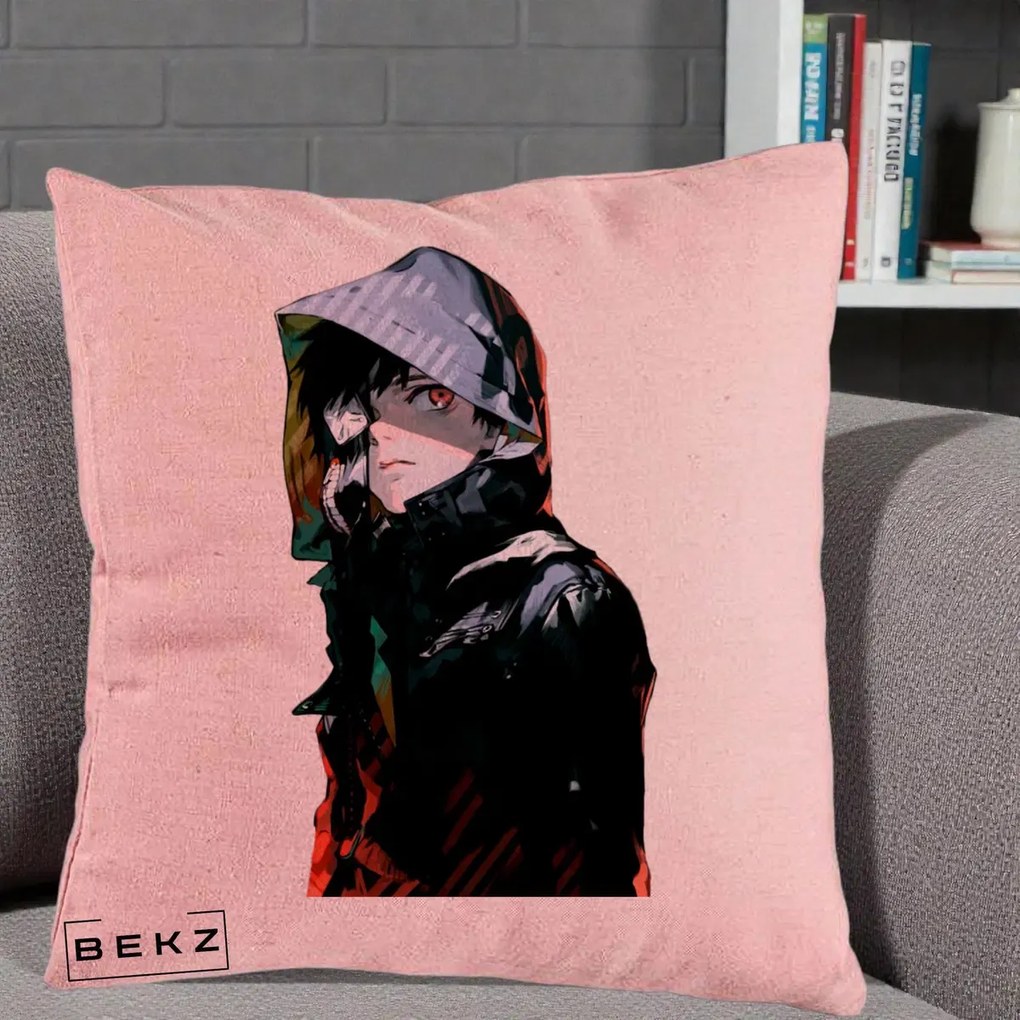 Perna Personalizata Tokyo Ghoul Ken Kaneki cu Masca si Gluga, 40x40 cm, Roz, Husa Detasabila, Perna Inclusa, BEKZ®