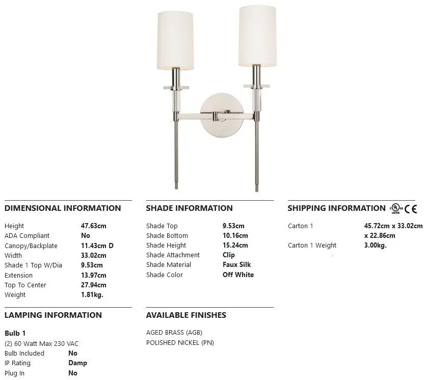 Aplica de perete design clasic AMHERST nichel lucios, cu 2 surse de lumina