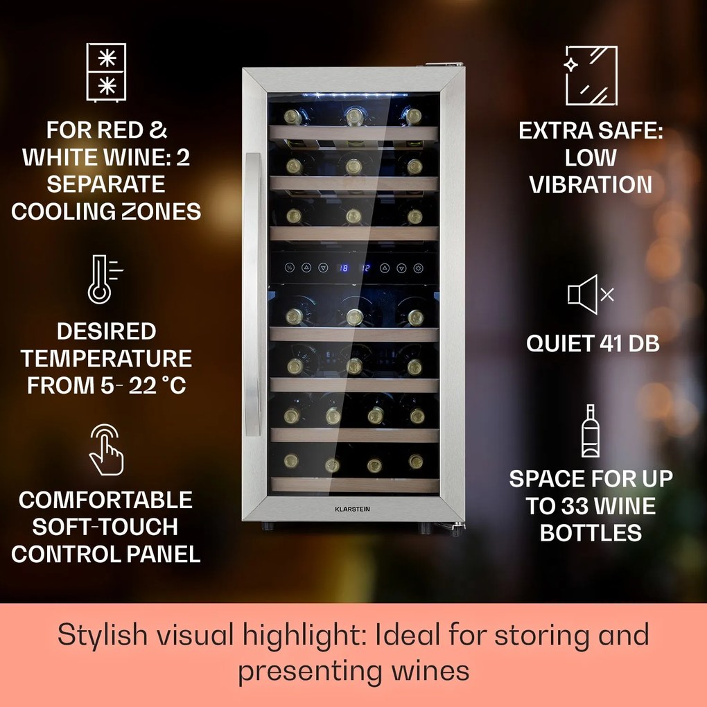 Vinamour 33 Duo, frigider pentru vin, 2 zone, 89 l / 33 sticle, 5-18 °C, control tactil