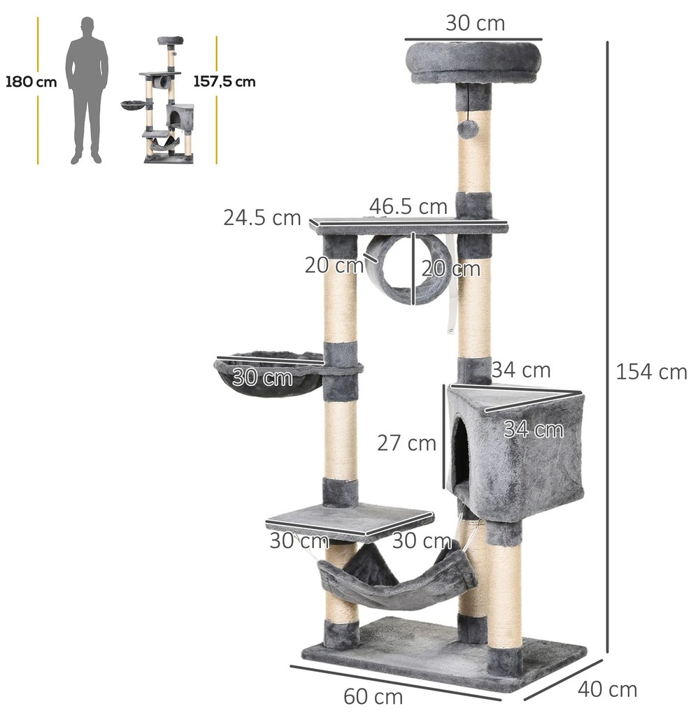 PawHut Stalp de zgarieturi pentru Pisici cu Cusca Hamac Patucuri Suspendate si Stalpi din Franghie Sisal Gri 60x40x154cm | Aosom Romania