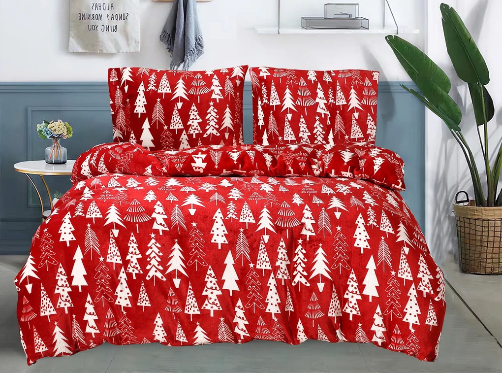 Set lenjerie cocolino CHRISTMAS TREES rosu + cearsaf Cocolino microplus cu elastic SOFT 180x200 cm alb, pat dublu