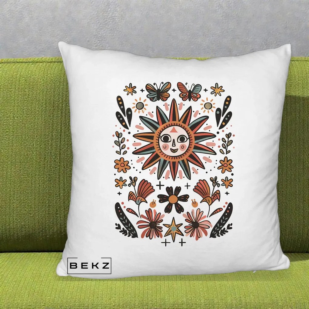Perna Decorativa Soare Boho Folk Fluturi, 40x40 cm, Alb Pufos, Husa Detasabila, Perna Inclusa, BEKZ®
