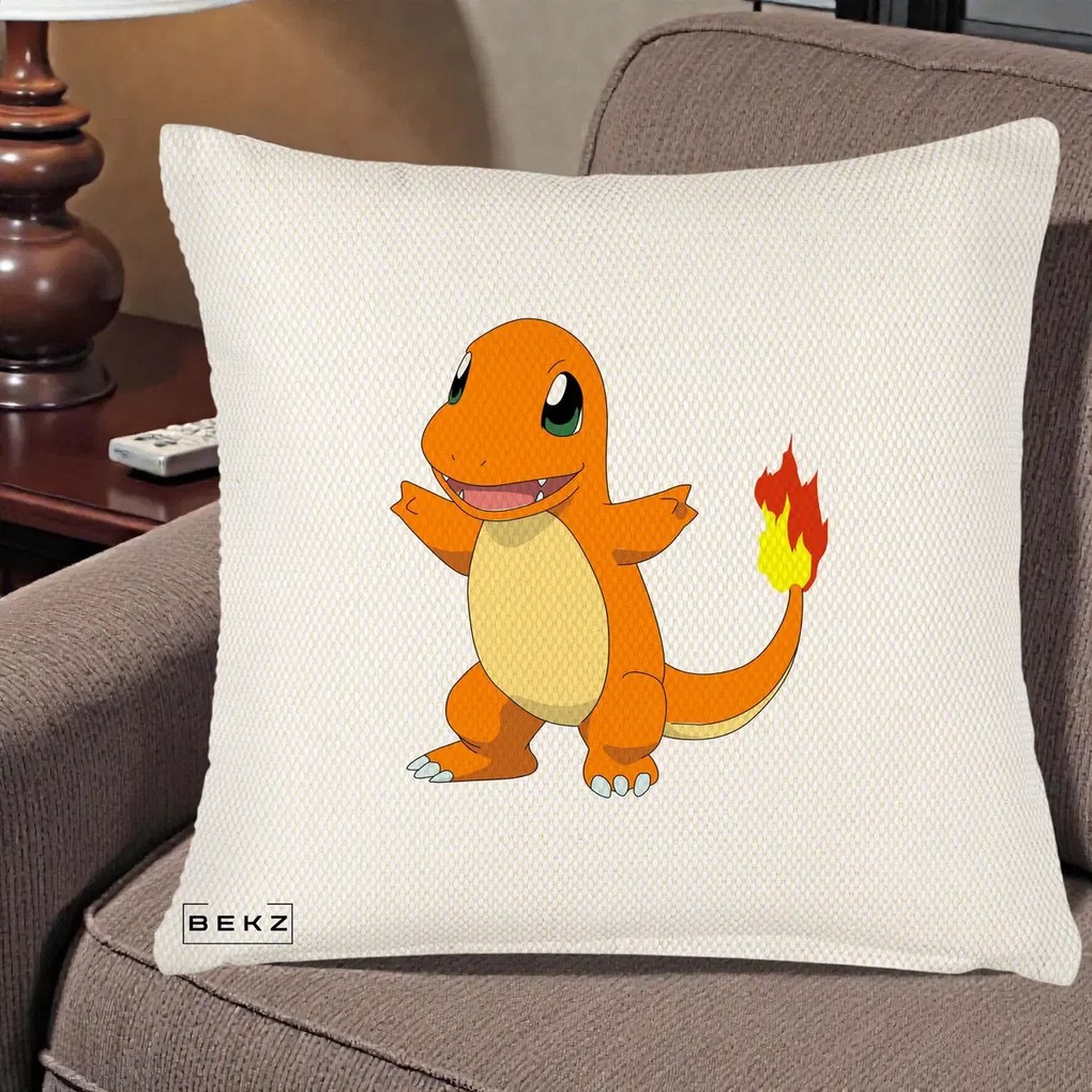 Perna Personalizata Charmander Pokemon, 40x40 cm, Crem Reliefat, Husa Detasabila, Perna Inclusa, BEKZ®