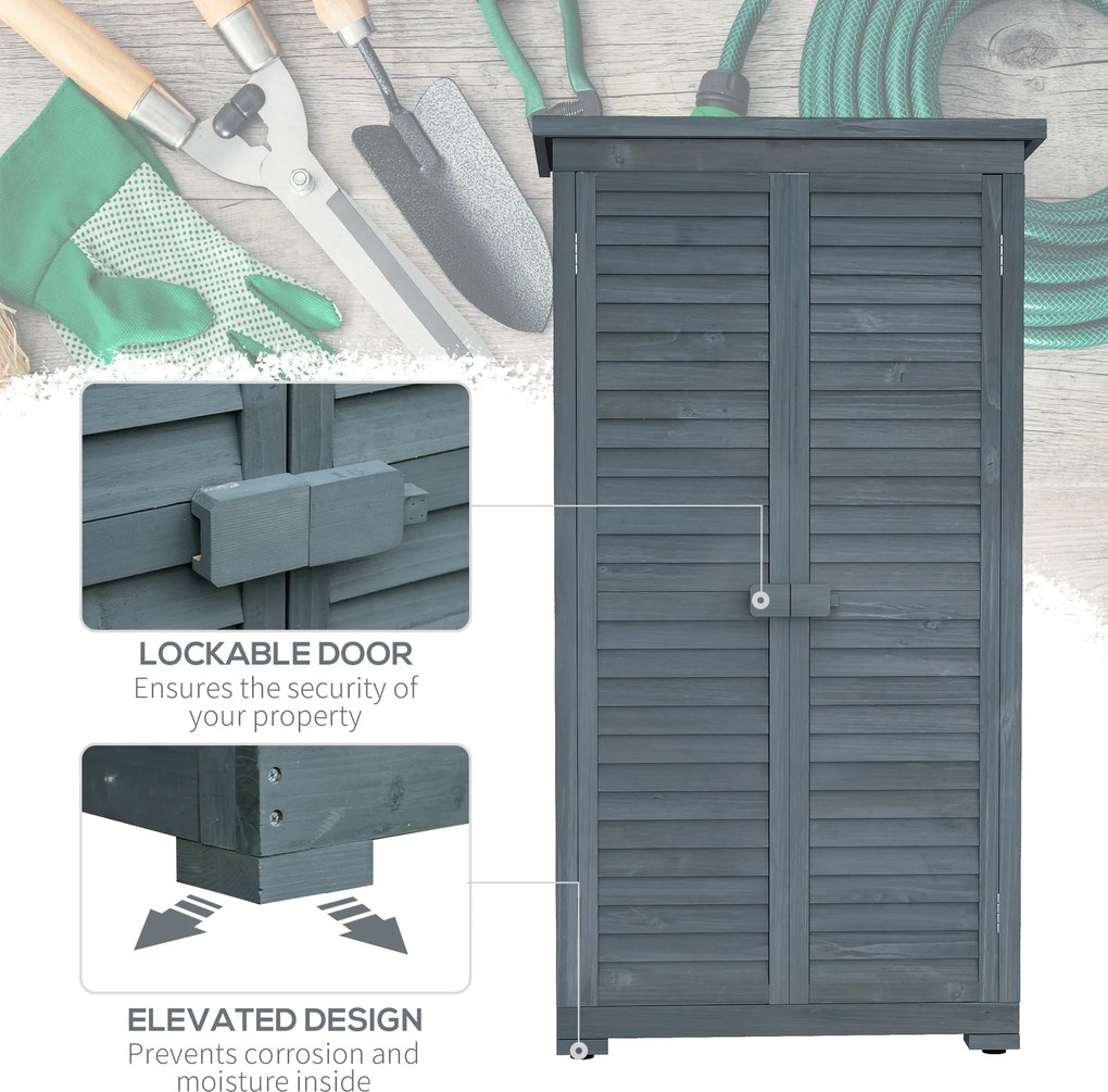 Outsunny Dulap de grădină pentru unelte din lemn, 2 rafturi, acoperiș bituminos, uși cu obloane, 87 x 47 x 160 cm, gri | Aosom Romania